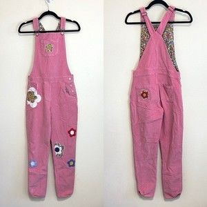Boden Girls Corduroy Overalls Floral Patch Pink Size 13-14